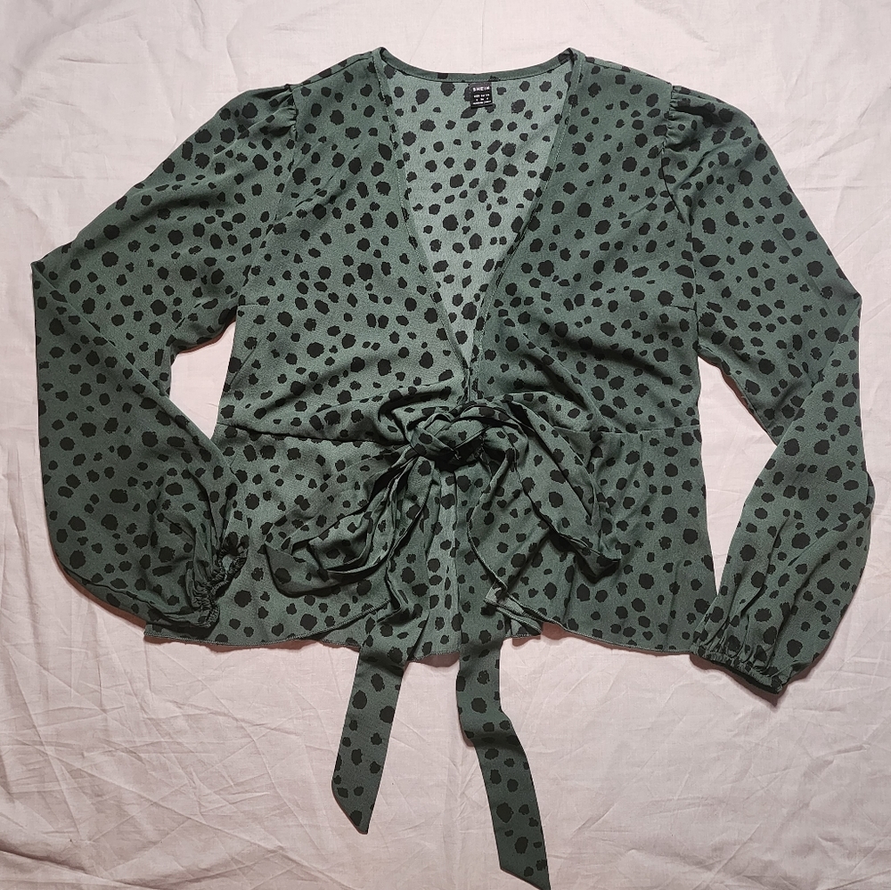 SHEIN Blouse Women's Small Green Leopard Tie Front Bell Sleeve Cover Up Shirt